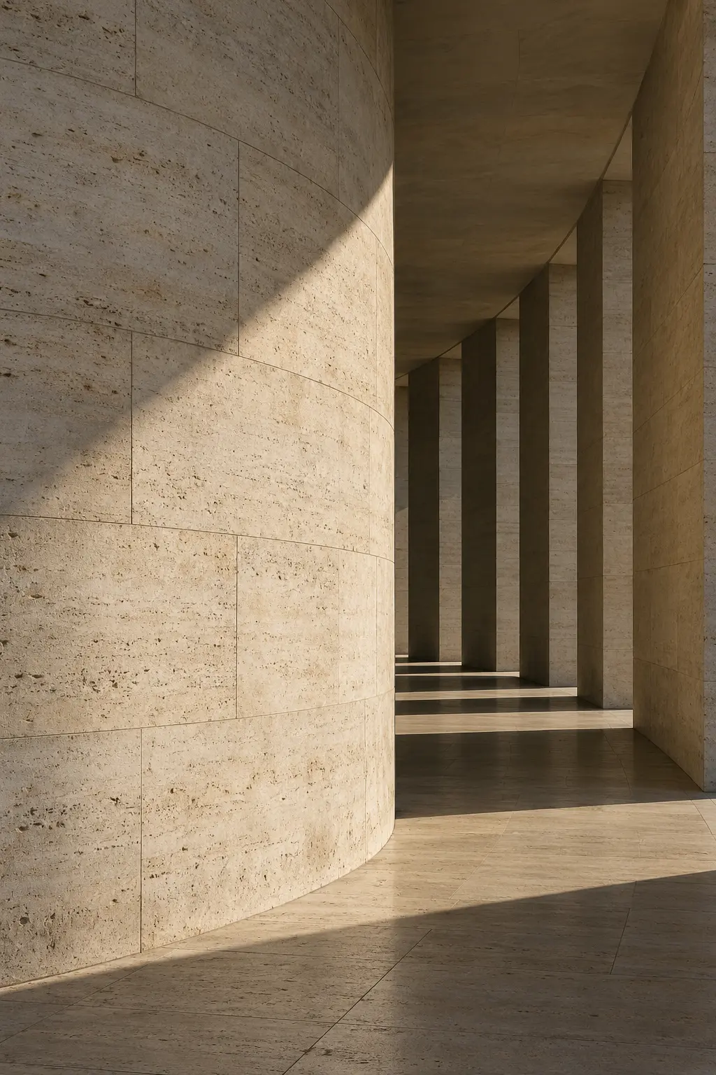 Sunlight and shadow across a curved limestone wall and colonnade